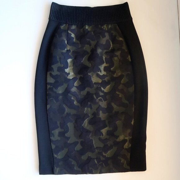 Anthropologie Maeve Jacquard Camo Khaki & Black Side Stripe Pencil Skirt 4 - Picture 9 of 16
